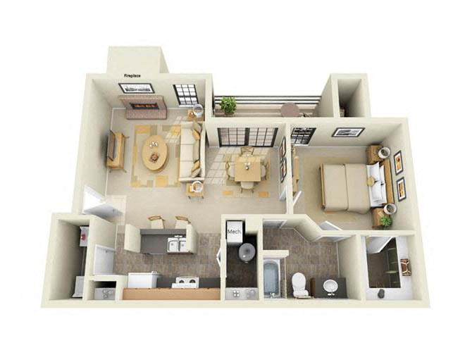 Floor plan for 1 bed, 1 bath, 720 sqft